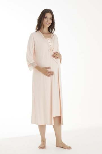 Salmon Lace Detailed Maternity and Maternity Nightgown Set