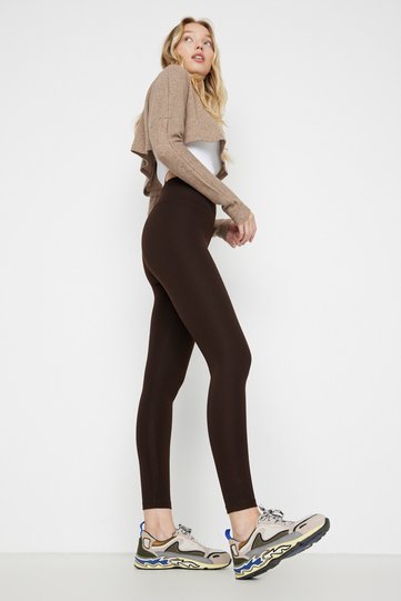 Brown High Waist Basic Elastic Waist Flexible Interlock Knitted Leggings Twoaw20Ta0047
