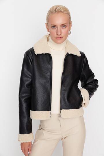 Black Suede Plush Detailed Biker Jacket Coat TWOAW23MO00351