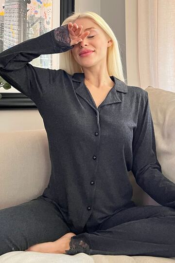 Black Front Buttoned Bamboo Long Sleeve Pajama Set