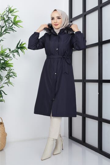 Women's Hooded Fur Lined Fiber Sleeve Patterned Water and Windproof Young Coat