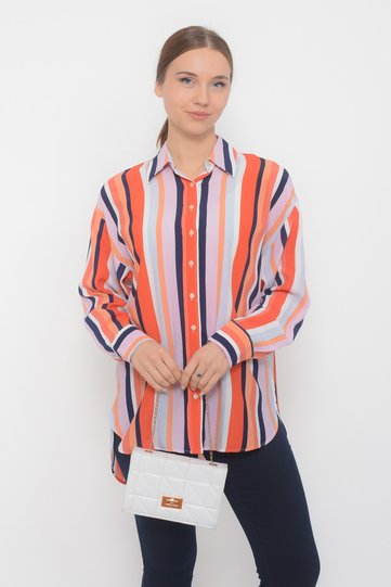 Double Breasted Colorful Striped Classic Crepe Large Size Shirt