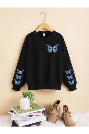 Black Blue Butterfly Butterfly Printed Girls Sweatshirt