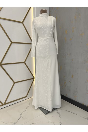 Sequined Azalea Hijab Evening Dress Ecru