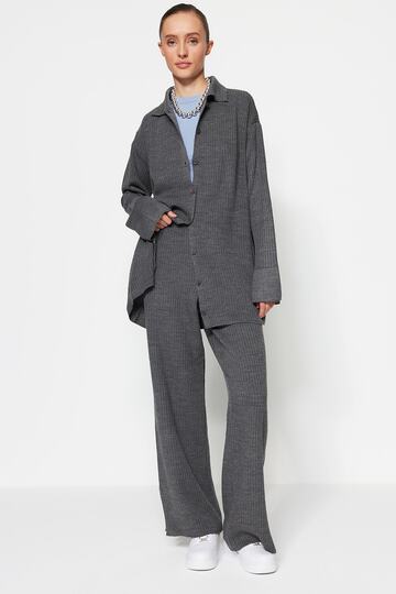 Anthracite Slit Detail Cardigan-Pants Knit Set TCTAW23US00028