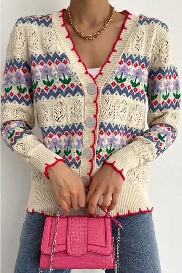 Women's Authentic Pattern Openwork Detailed Standard Size Vintage Knitted Knitwear Cardigan (S / M Compatible)