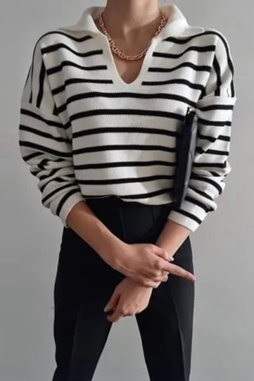 Women's White Polo Neck Striped Long Sleeve Knitwear Sweater