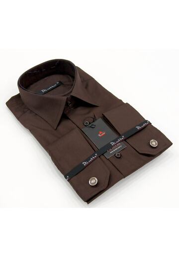 Brown Large Size Classic Cut Men's Shirt with Micro Fabric Cufflinks - 190-11