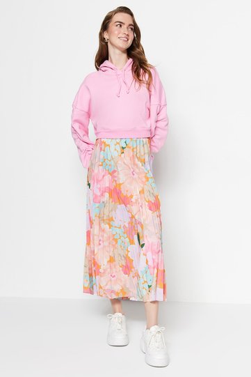Multicolor Floral Print Pleated Elastic Waist Woven Skirt TCTSS23EE00018