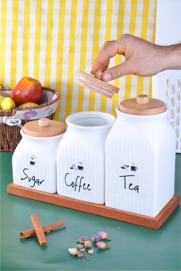3 Size Porcelain Wooden Stand Bamboo Lid Tea Coffee Candy Jar and 3 Transparent Labels