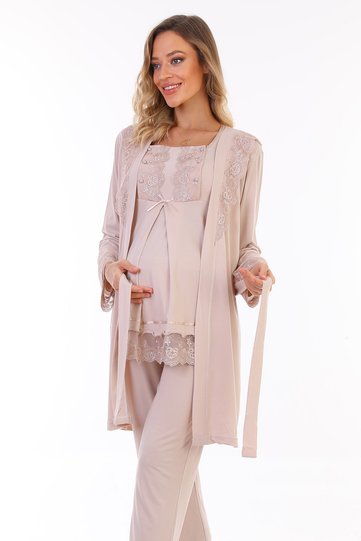 Beige Breastfeeding Featured Maternity Pajamas Set with Dressing Gown 3044
