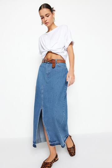 Dark Blue More Sustainable Slit Maxi Denim Skirt Twoss23Et00289