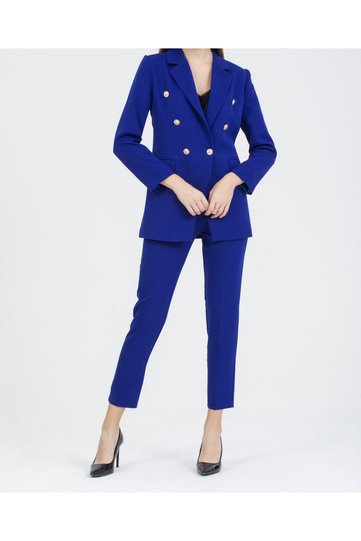Women's Blazer Jacket Belted Trousers Suit Cobalt Blue