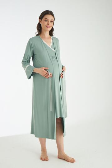 Green Lace Detailed Maternity and Maternity Nightgown Set