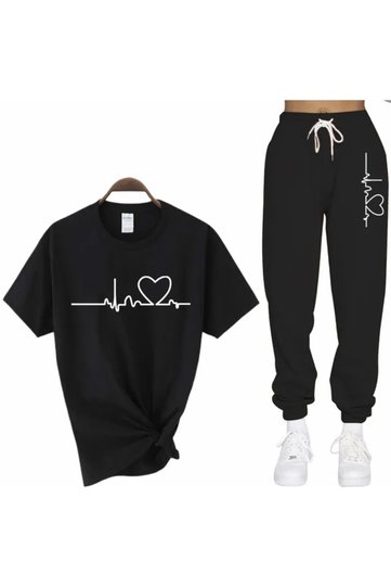Special Production White Heartbeat Printed Short Sleeve Summer Women's Tracksuit Set