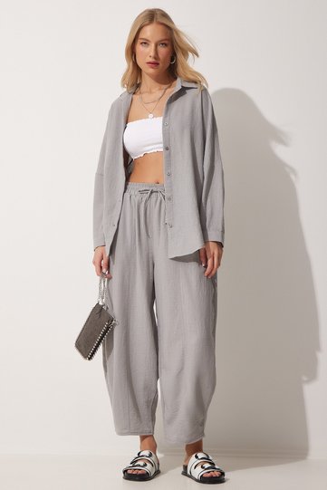 Women's Gray Linen Shirt and Harem Pants Set DZ00080
