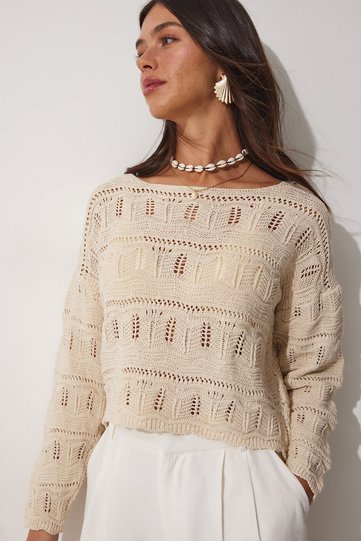 Women's Cream Boat Neck Openwork Summer Knitwear Blouse NF00057