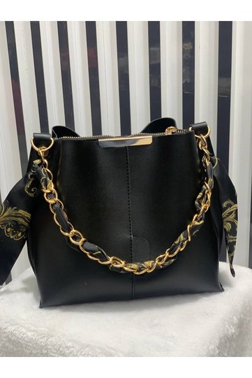 Women's Soft Leather 3-Compartment Handbag, Shoulder Bag with Scarf and Chain Accessories