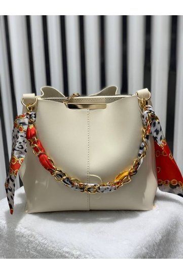Women's Soft Leather 3-Compartment Handbag, Shoulder Bag with Scarf and Chain Accessories