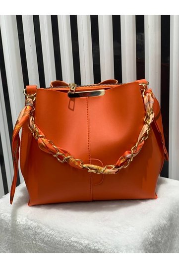 Women's Orange Scarf and Chain Accessory Soft Leather 3-Compartment Handbag and Shoulder Bag