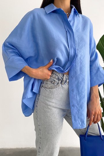 Women's Light Blue Hidden Button Comfortable Bat Sleeve Loose Oversize Shirt 50% Cotton 50% Viscose