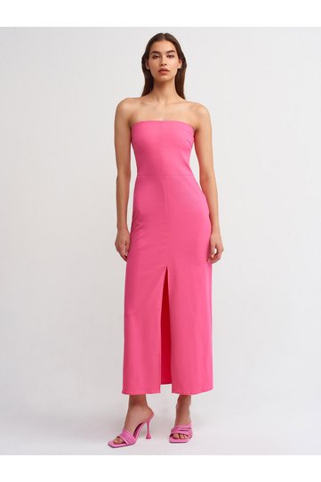 90758 Yırtmaçlı Straplez Elbise-Pembe