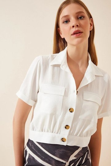 Women's White Pocketed Short Sleeve Summer Linen Viscose Jacket