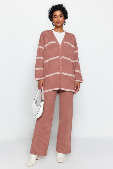 Dried Rose Roving Knitted Cardigan-Pant Bottom-Top Set TCTAW24US00033