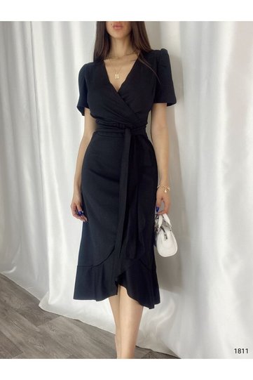 Women's Black Crepe Fabric Midi Length Belted Dress