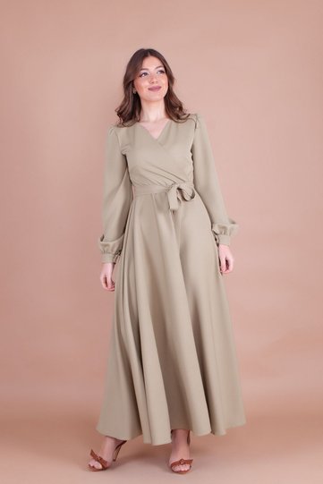 Olive Green Double-Breasted Collar Long Sleeve Buttoned Cuff Long Height Belted Dress
