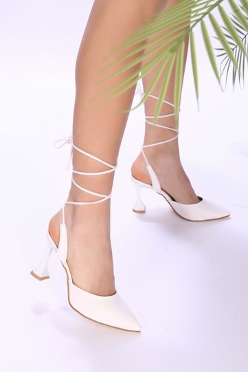 Women's Novo White Leather Ankle Strap Heeled Shoes