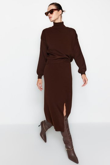 Brown Turtleneck Skirted Knit Top and Bottom Set TWOAW24AU00035