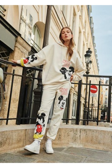 Plus Size Women's Mickey Mouse Detail Printed 3 Thread Hoodie. Ecru Bottom-Top Set