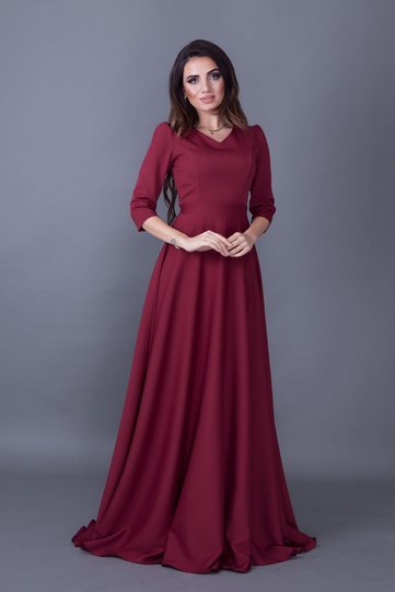 Burgundy V-Neck 3/4 Sleeve Woven Draped Fabric Maxi Length Flared Evening Dress