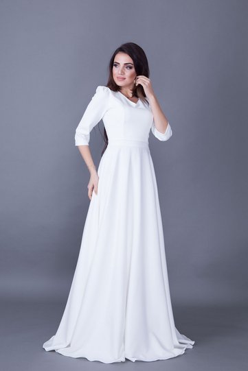 White V-Neck 3/4 Sleeve Woven Draped Fabric Maxi Length Flared Evening Dress