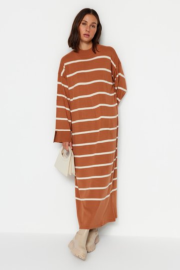 Light Brown Striped Knit Dress with Sleeve Slit Detail TCTAW24EB00018
