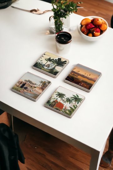 Egyptian Pyramids and Historical Themed Natural Stone Travertine Coasters Set of 4