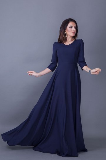 Navy Blue V-Neck 3/4 Sleeve Woven Draped Fabric Maxi Length Flared Evening Dress