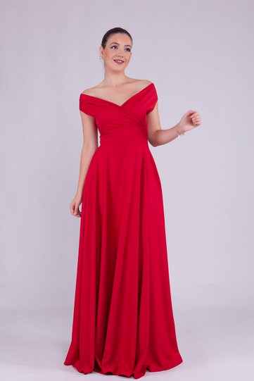Red Maxi Length Boat Neck Draped Woven Fabric Flared Evening Dress