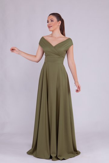 Khaki Maxi Length Boat Neck Draped Woven Fabric Flared Evening Dress
