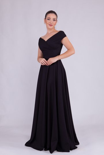 Black Maxi Length Boat Neck Drapey Woven Flared Evening Dress