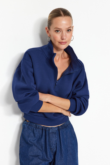 Navy Blue Relaxed Fit Crop Basic Zippered Stand Collar Thick Fleece Inside Knitted Sweatshirt TWOAW24SW00221