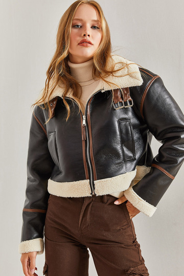 Women's Black Laminated Jacket with Belted Collar 2289