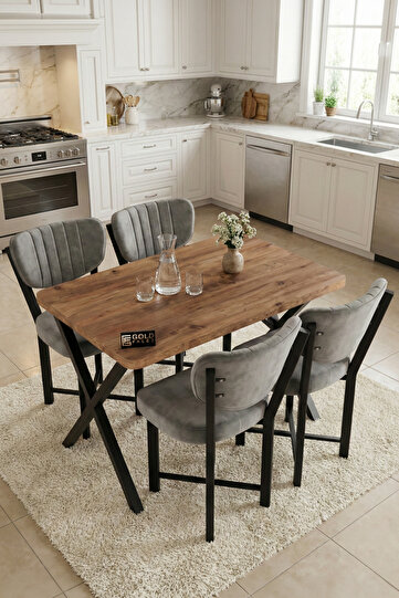 9884 · Mutfak Masası 4 Sandalyeli Set 110x70 cm Modern Masa Takımı Cafe Balkon Ofis Masa Elma 9884 Gri