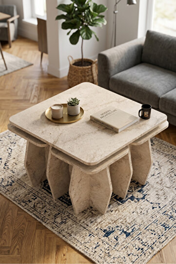 5Lİ SEHPA 3 · Orta Sehpa Ve Zigon Sehpa 5'li Set Modern Çok Amaçlı Salon Oturma Odası Yan Sehpa 9249 Traverten