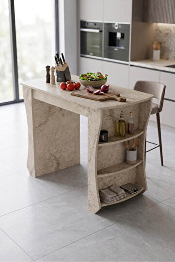 ADA MASA 1 · Mutfak Masası Mutfak Adası Ada Masa Bar Masası Kahvaltı Masası Raflı Çok Amaçlı Dolap Modern Masa 120x60 cm 9835 Traverten