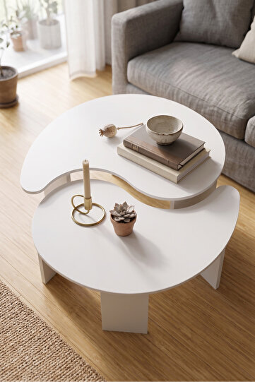 DENGEORTA3 · Orta Sehpa 2'li Sehpa Seti Oval Modern Dekoratif Salon Oturma Odası Sehpası Denge 9255 Beyaz