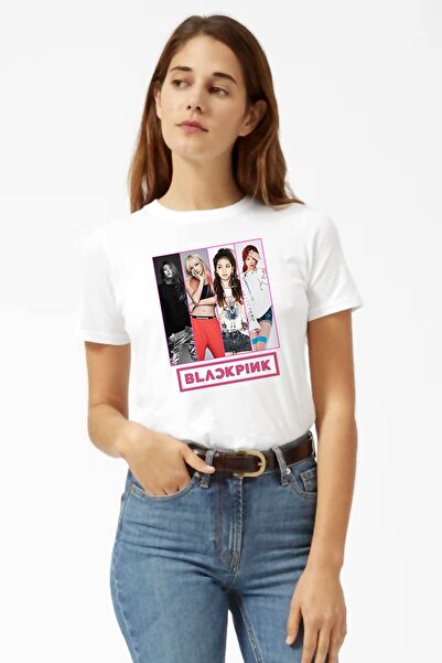 QIVI Tricou alb pentru femei Kpop Blackpink Black Pink