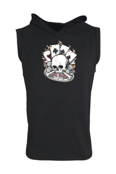 Raf Coll Tricou negru fără mâneci cu glugă cu imprimeu pentru bărbați