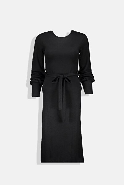 Collezione Black Crew Neck Sleeve Elastic Waist Belt Women's Dress